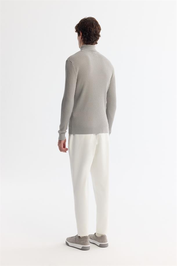 Gri Tam Balıkçı Yaka Yün Karışımlı Jakarlı Triko Kazak