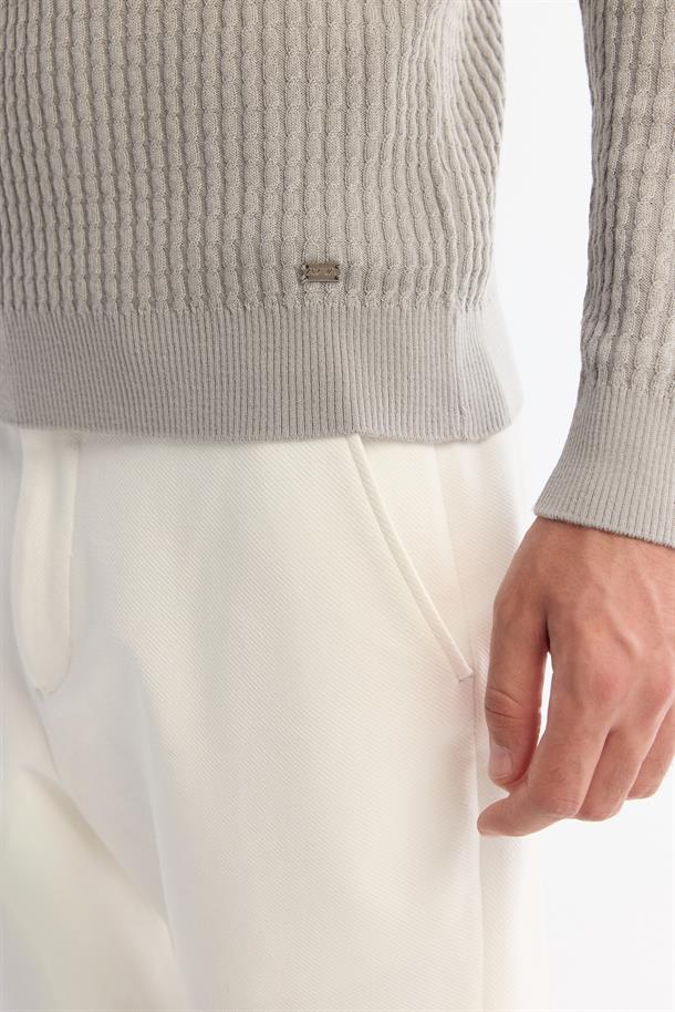 Gri Tam Balıkçı Yaka Yün Karışımlı Jakarlı Triko Kazak