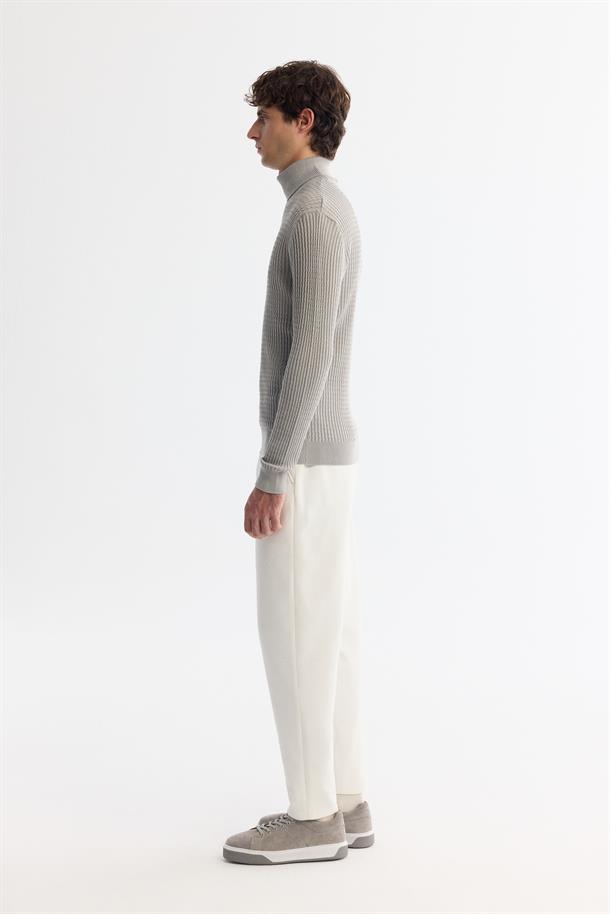 Gri Tam Balıkçı Yaka Yün Karışımlı Jakarlı Triko Kazak