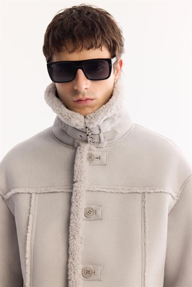 Gri Kürklü Yaka Napa Mont