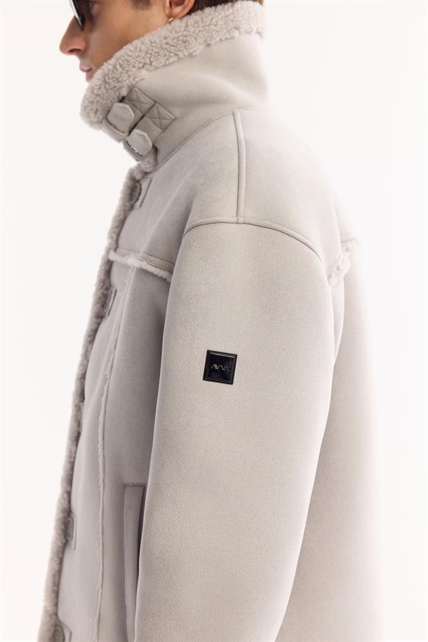 Gri Kürklü Yaka Napa Mont