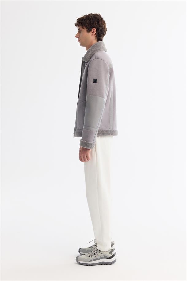 Grey Faux Leather Jacket with Shearling Collar