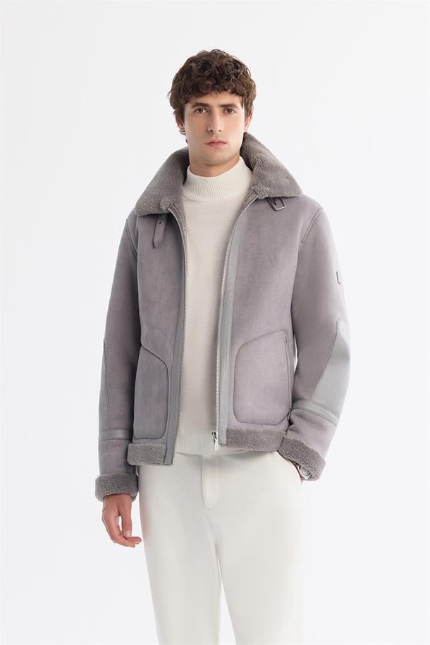 Grey Faux Leather Jacket with Shearling Collar