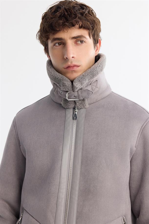 Grey Faux Leather Jacket with Shearling Collar