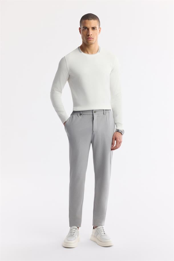 Gri Yan Cepli Beli Lastikli Bi-Stretch Teknik Kumaş Pantolon