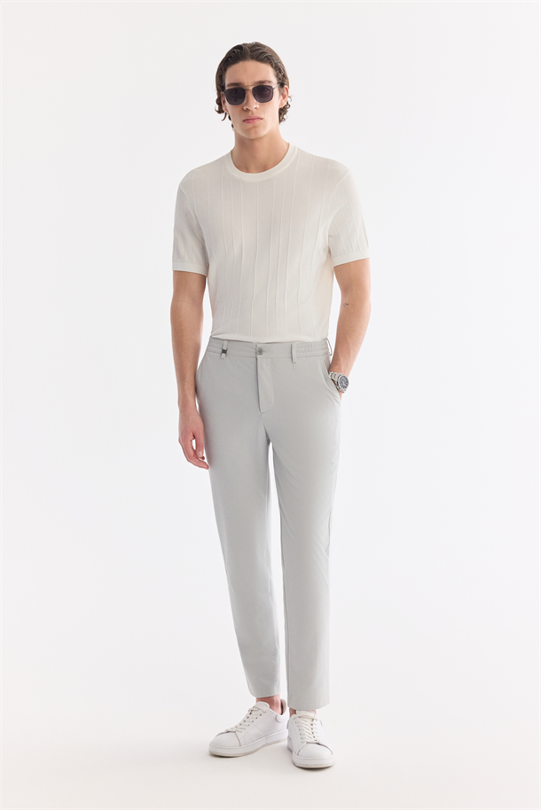 Gri Beli Lastikli Viskon Karışımlı Elastan Chino Pantolon