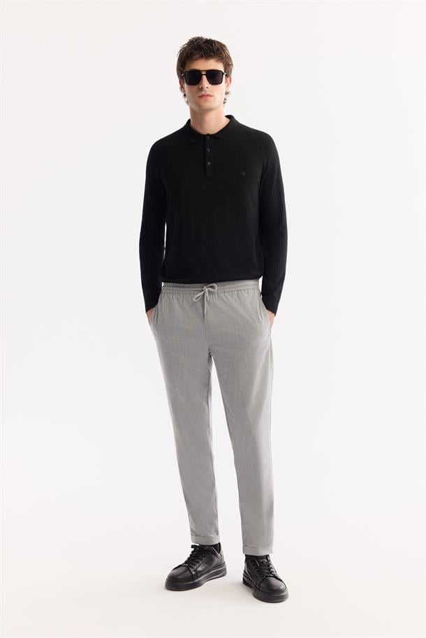 Gri Beli Lastikli Bağcıklı Duble Paça Jogger Pantolon