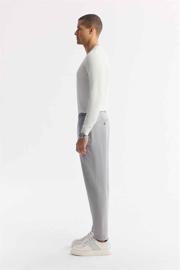 Gri Yandan Cepli Beli Lastikli Bi-Stretch Teknik Kumaş Pantolon