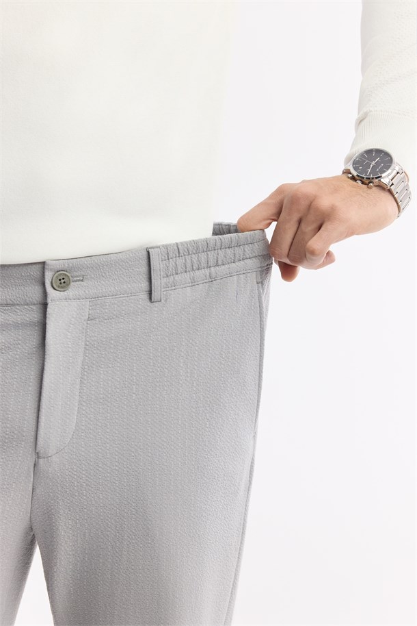 Gri Yandan Cepli Beli Lastikli Bi-Stretch Teknik Kumaş Pantolon