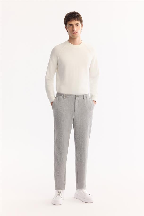 Gri Yanı Lastikli Bi-Stretch Hafif Çizgili Pantolon