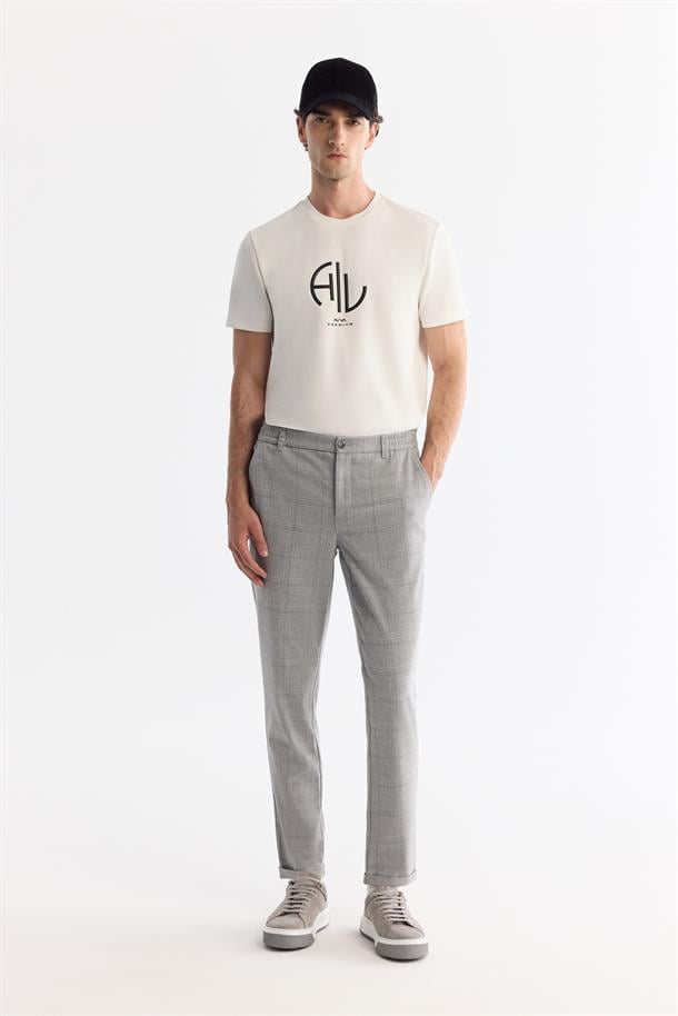 Gri Yanları Lastikli Ekose Duble Paça Elastan Pantolon