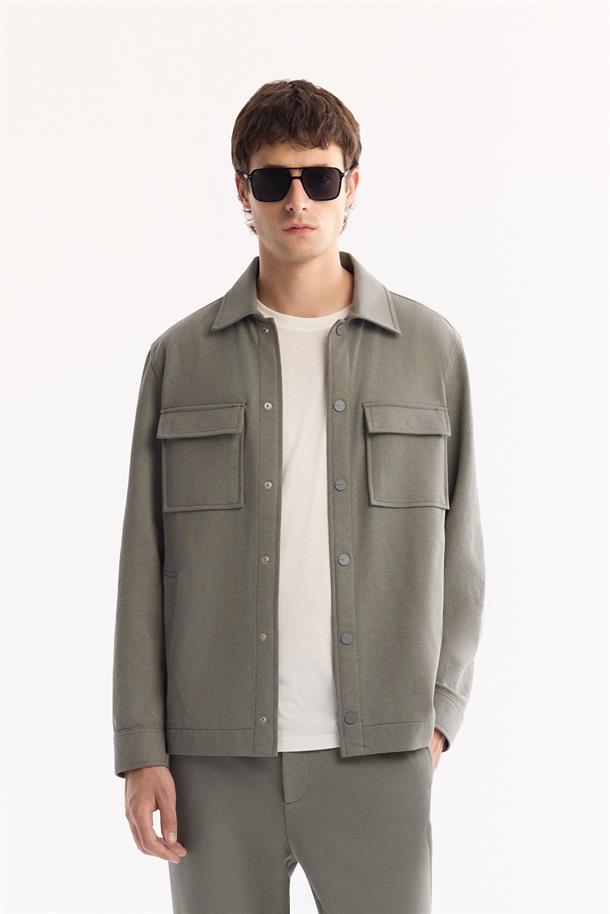 Gri Yeşil Klasik Yaka Pamuklu Gömlek Ceket
