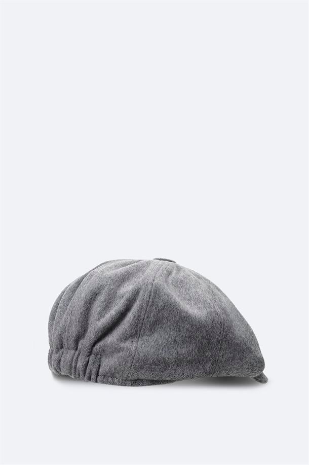 Gri Yün Karışımlı Düğmeli Kasket Şapka