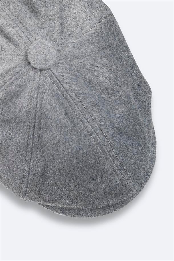 Gri Yün Karışımlı Düğmeli Kasket Şapka