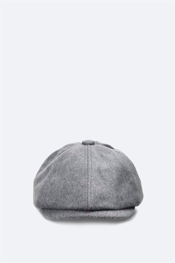 Gri Yün Karışımlı Düğmeli Kasket Şapka