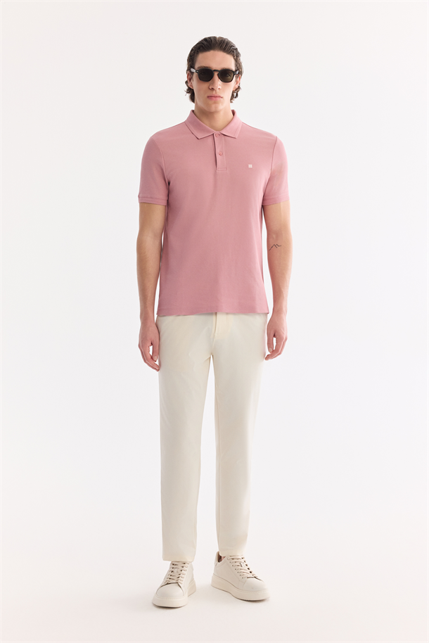 Gül Kurusu Kıvrılmaz Polo Yaka %100 Pamuk Basic T-Shirt
