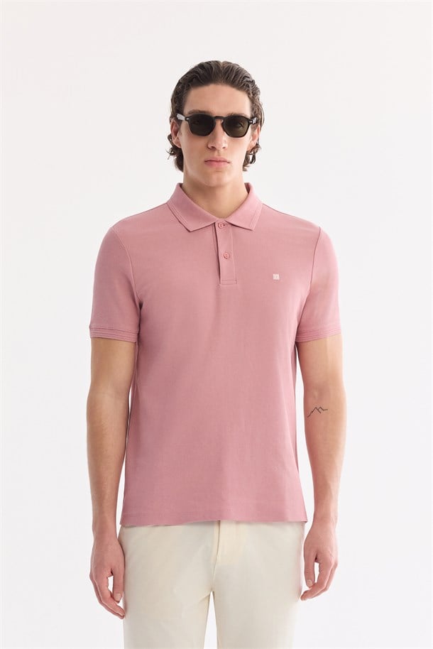 Gül Kurusu Kıvrılmaz Polo Yaka %100 Pamuk Basic T-Shirt