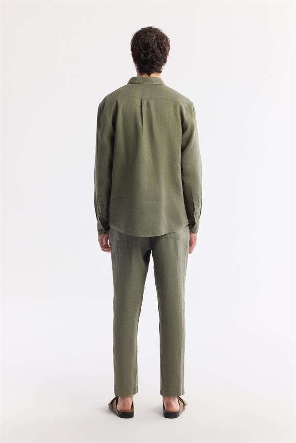 Haki Düğmeli Yaka %100 Keten Gömlek