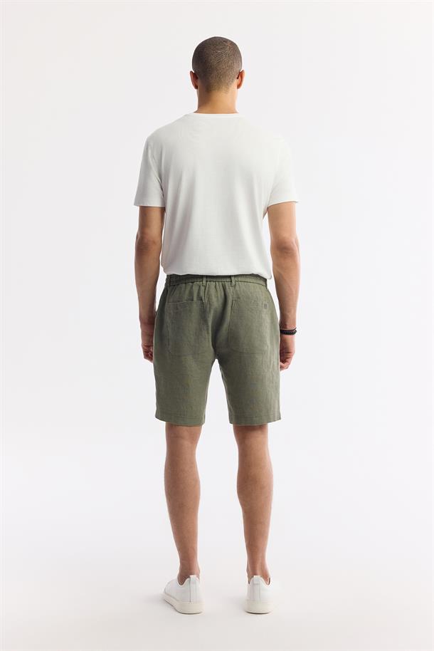 Haki Beli Lastikli %100 Keten Şort