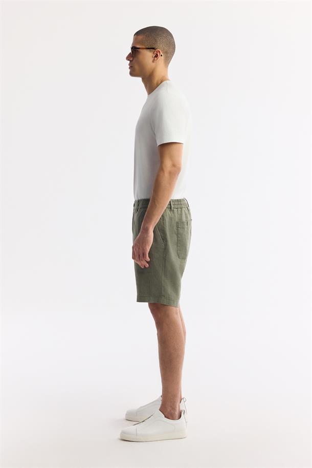 Haki Beli Lastikli %100 Keten Şort