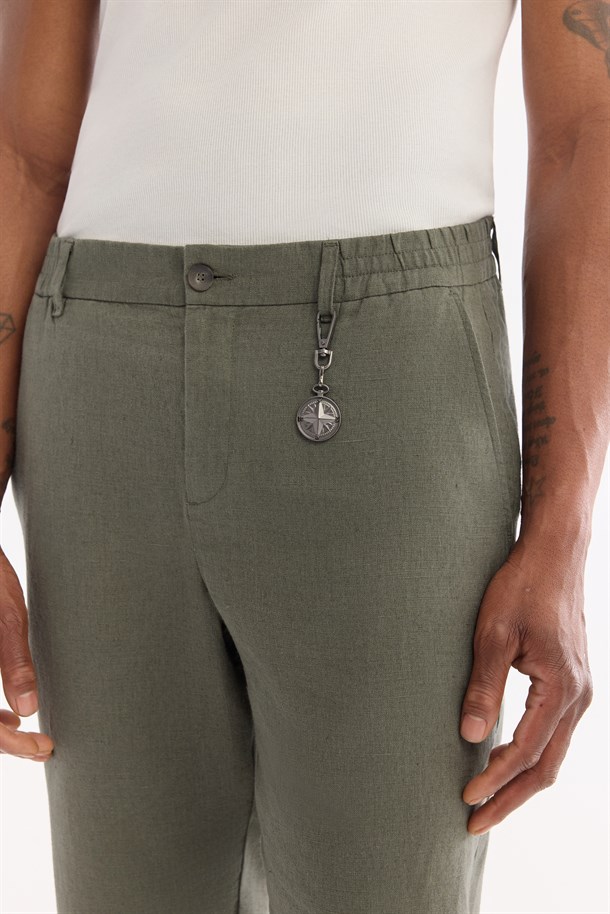 Haki Beli Lastikli %100 Keten Pantolon