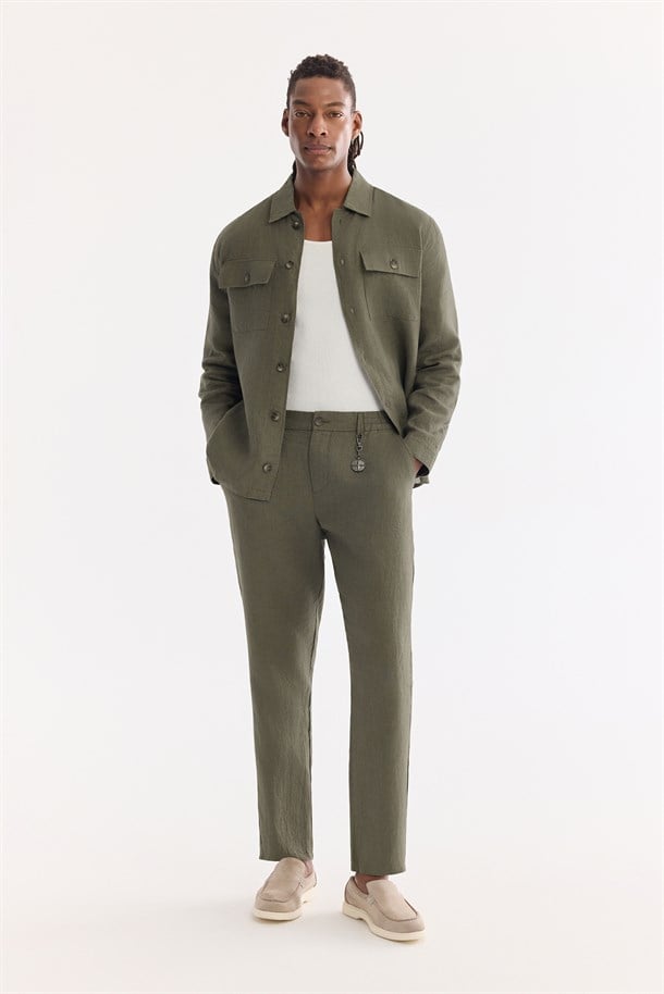 Haki Beli Lastikli %100 Keten Pantolon