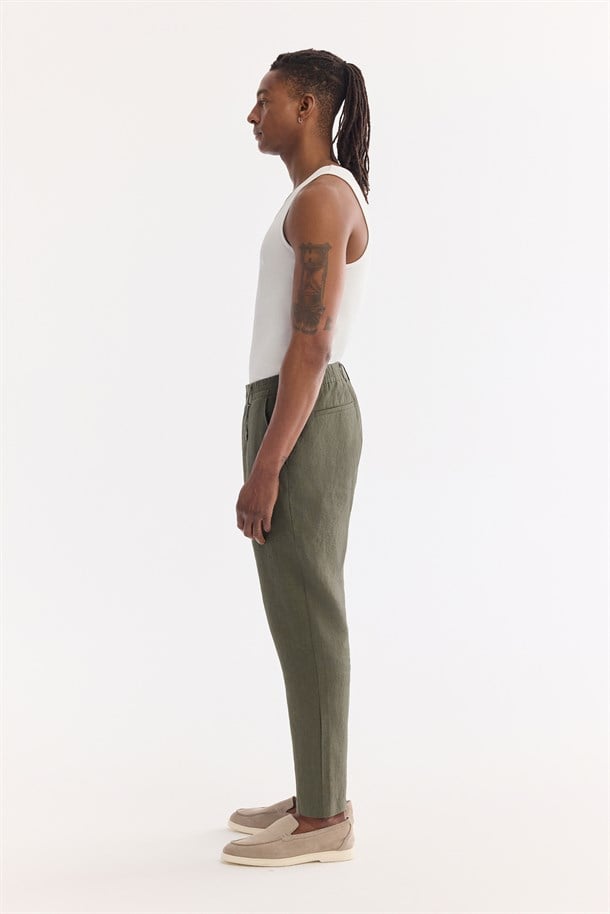 Haki Beli Lastikli %100 Keten Pantolon