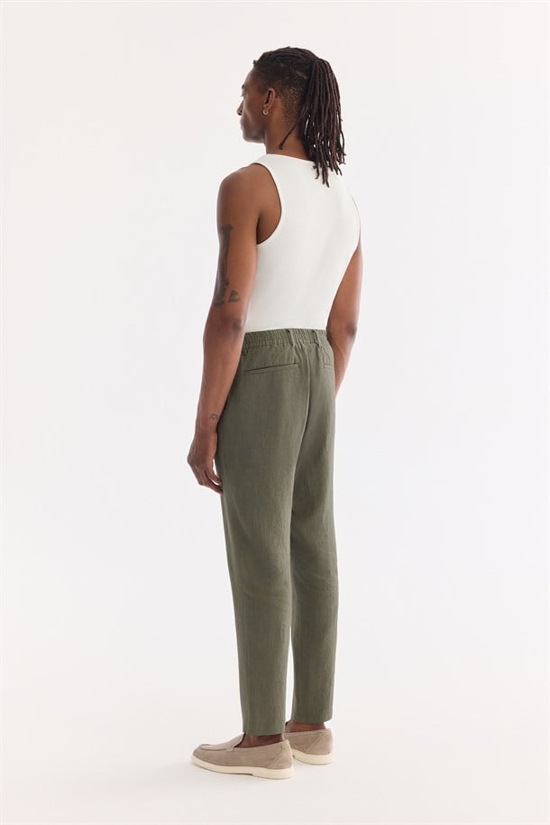 Haki Beli Lastikli %100 Keten Pantolon