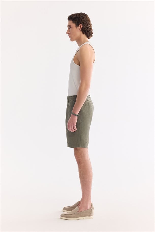 Haki Beli Lastikli %100 Keten Şort