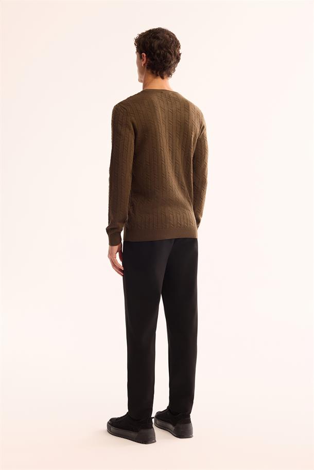 Haki Bisiklet Yaka %100 Akrilik Dokulu Triko Kazak