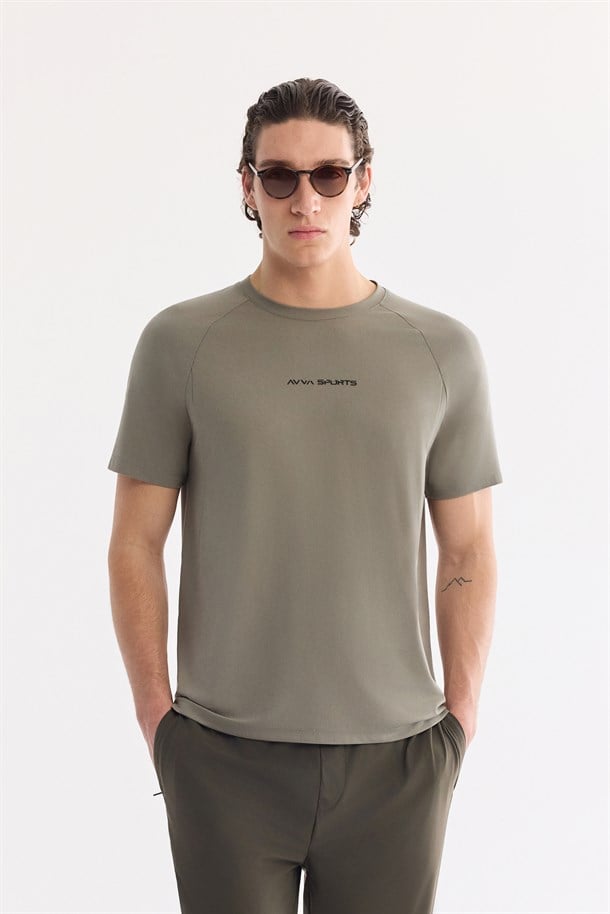 Haki Bisiklet Yaka Jel Baskılı  T-Shirt