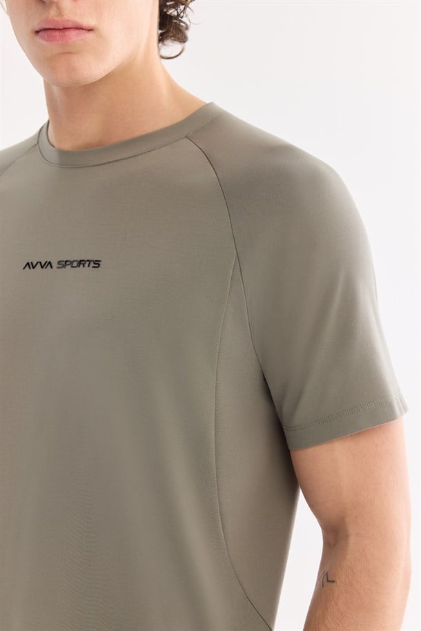 Haki Bisiklet Yaka Jel Baskılı  T-Shirt