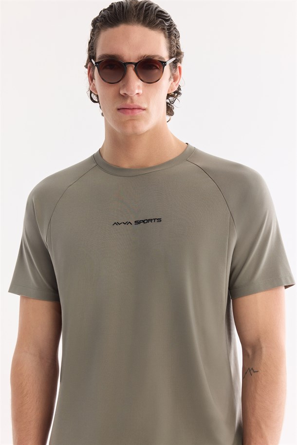 Haki Bisiklet Yaka Jel Baskılı  T-Shirt