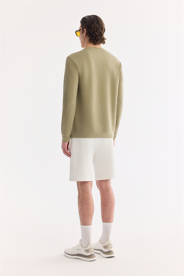 Haki Bisiklet Yaka Pamuklu Kolay Ütülenen Sweatshirt