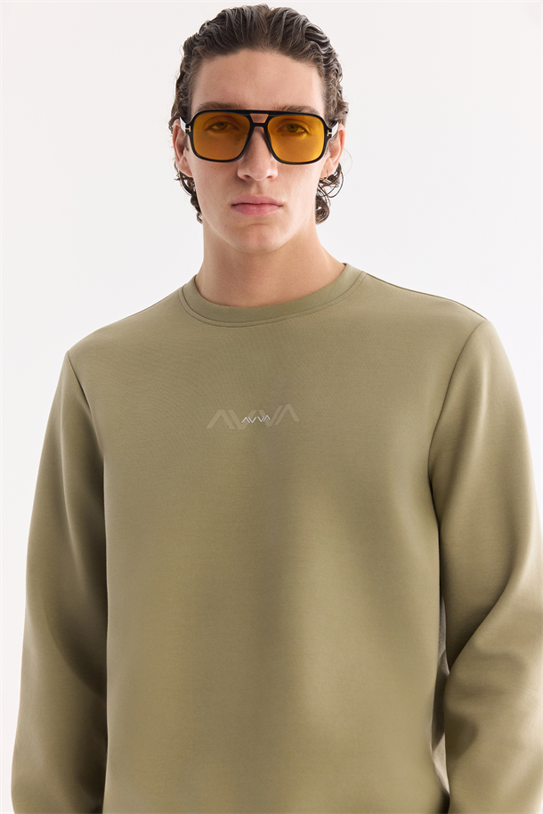 Haki Bisiklet Yaka Pamuklu Kolay Ütülenen Sweatshirt