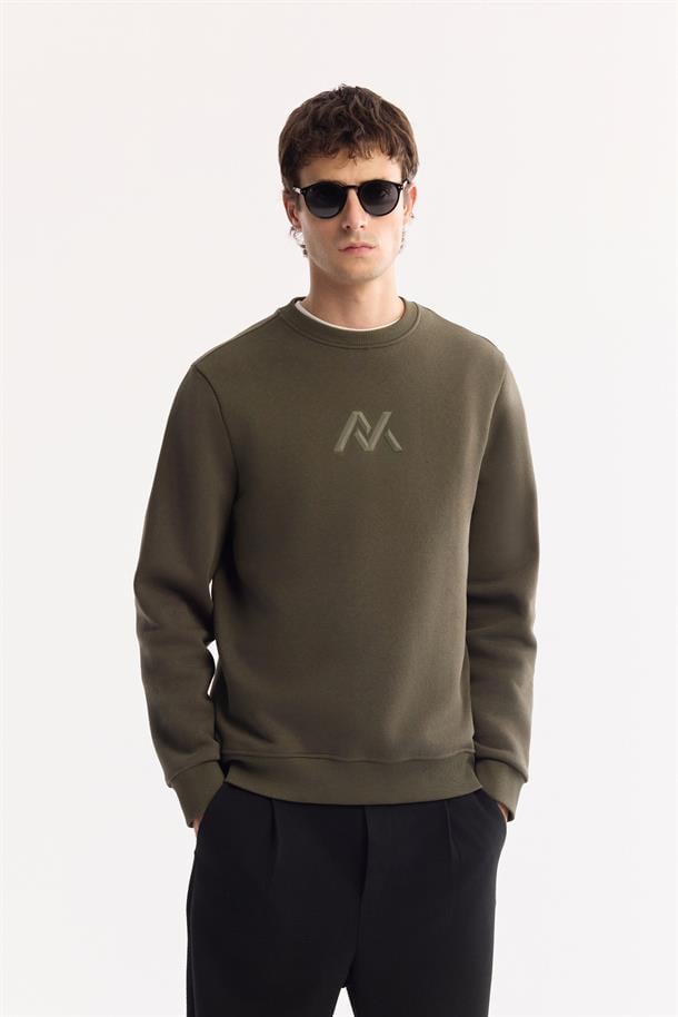 Haki Bisiklet Yaka Kolay Ütülenen Şardonlu Baskılı Sweatshirt