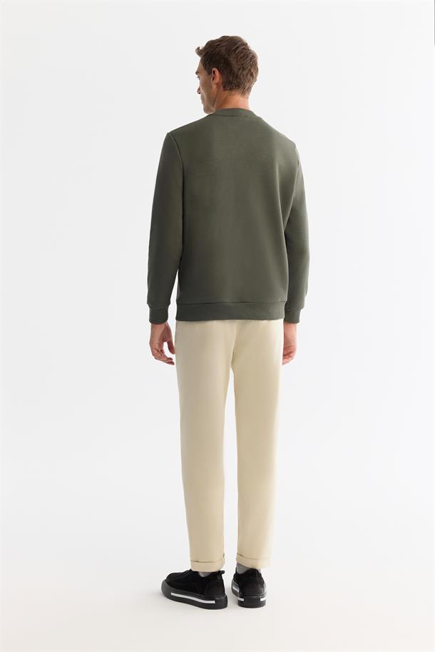 Haki Bisiklet Yaka 3 İplik Şardonlu Baskılı Sweatshirt
