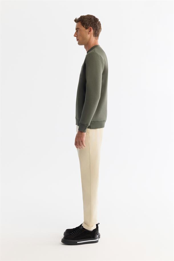 Haki Bisiklet Yaka 3 İplik Şardonlu Baskılı Sweatshirt