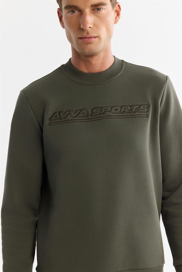 Haki Bisiklet Yaka 3 İplik Şardonlu Baskılı Sweatshirt