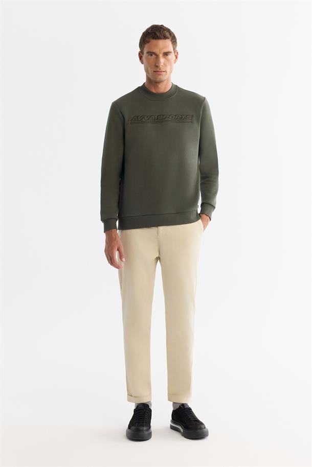 Haki Bisiklet Yaka 3 İplik Şardonlu Baskılı Sweatshirt