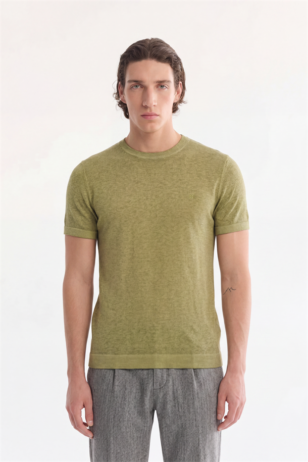Haki Bisiklet Yaka Triko T-Shirt 