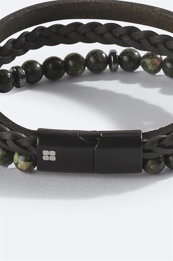Haki Deri Ceyt ve Hematit Taşlı Bileklik