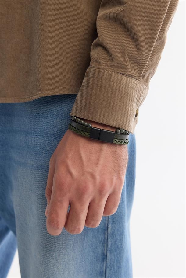 Haki Deri Ceyt ve Hematit Taşlı Bileklik