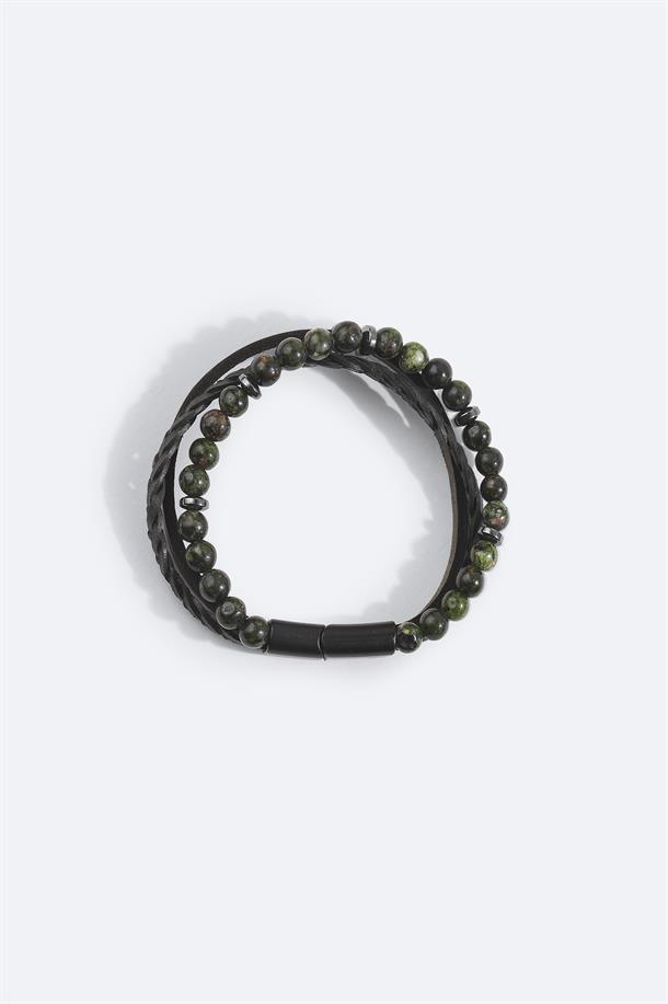Haki Deri Ceyt ve Hematit Taşlı Bileklik