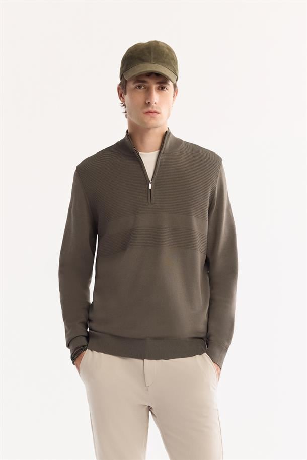 Haki Dik Yaka Fermuarlı Rayon Tüylenmeyen Triko Kazak