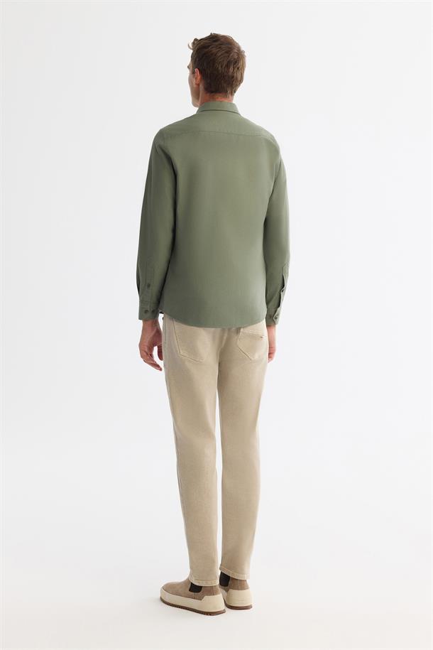 Haki Düğmeli Yaka Pamuklu Soft Touch Gömlek