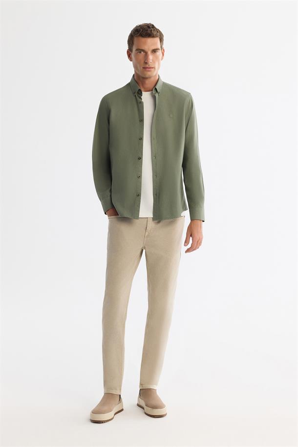 Haki Düğmeli Yaka Pamuklu Soft Touch Gömlek