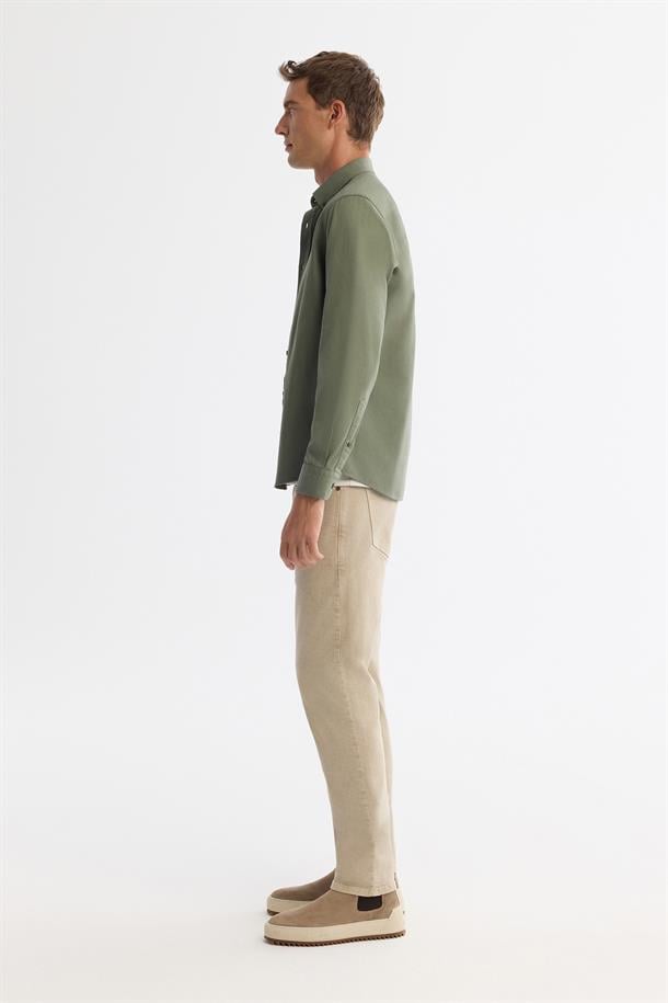 Haki Düğmeli Yaka Pamuklu Soft Touch Gömlek