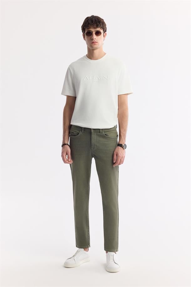 Haki Klasik Bel Eskitme Yıkamalı Pamuklu Jean Pantolon