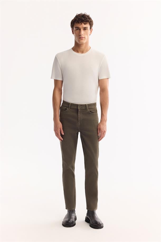 Haki Klasik Bel Pamuklu Eskitme Yıkmalı Jean Pantolon